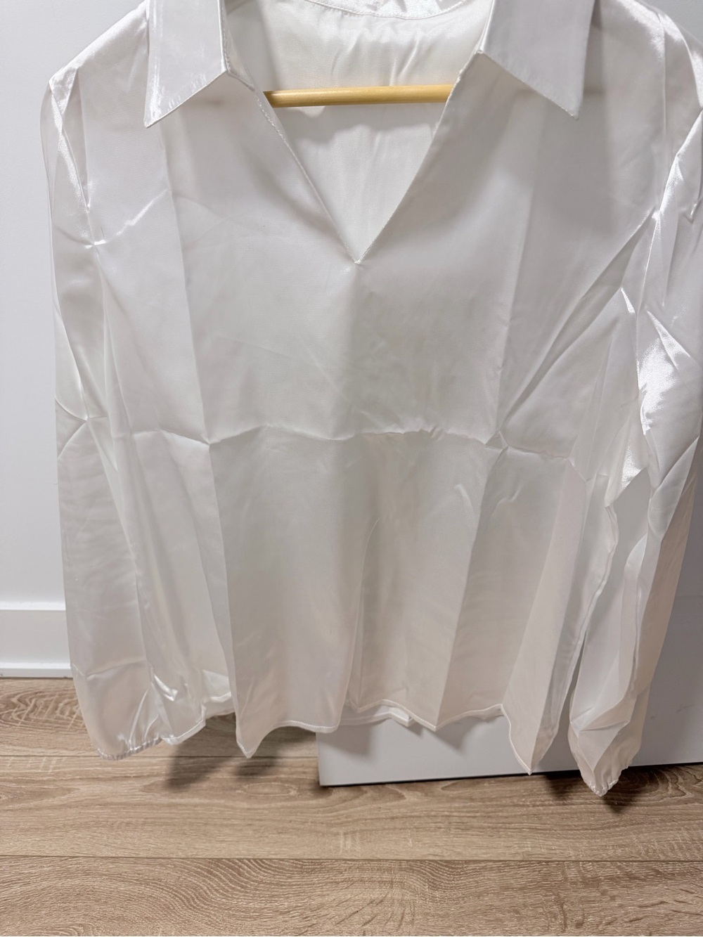 Women's White Satin V-Neck Blouse